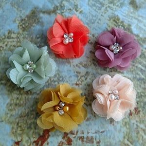New set of 5 chiffon flower hair clips